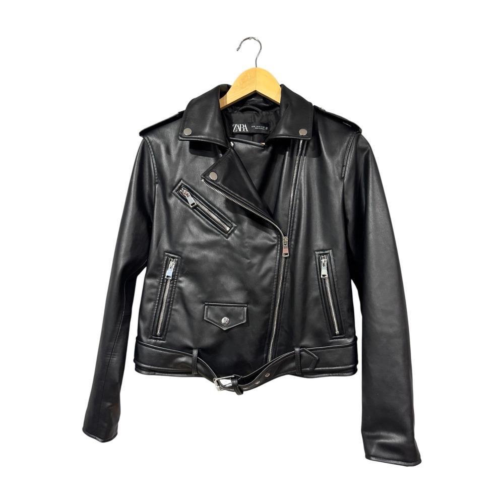Zara Womens Black Faux Leather Moto Biker Jacket Belted Size XL - Picture 2 of 4